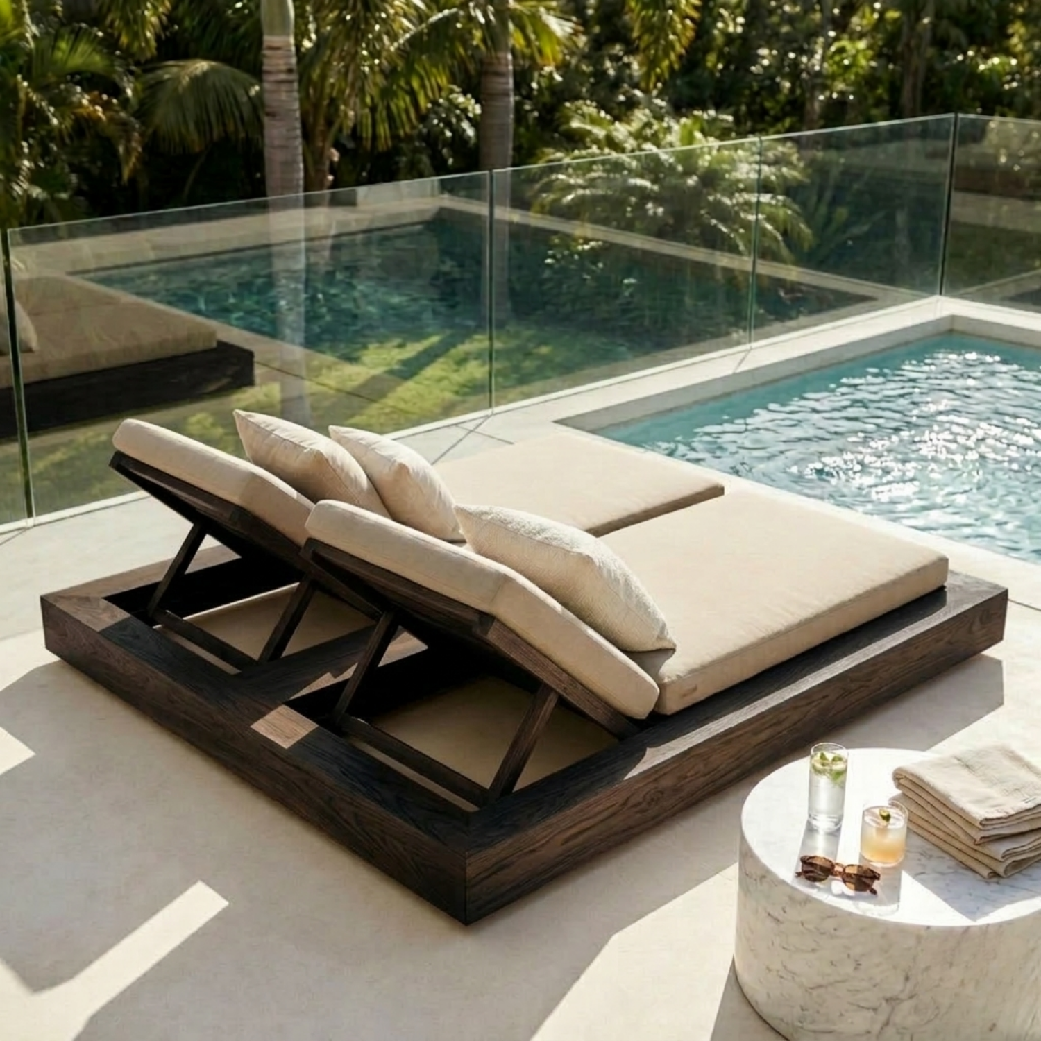 Solid Wood Double Chaise Lounge with Adjustable Backrest for Poolside Relaxation