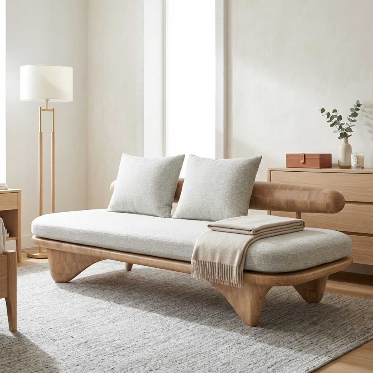 Modern Upholstered Daybed With Rounded Bolster Backrest, Pillows, Bedroom Lounge Bench