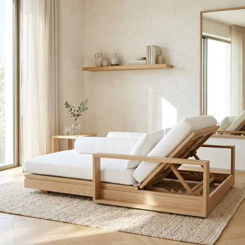 Adjustable Upholstered Daybed With Reclining Backrest, White Cushions, Lounge Chaise