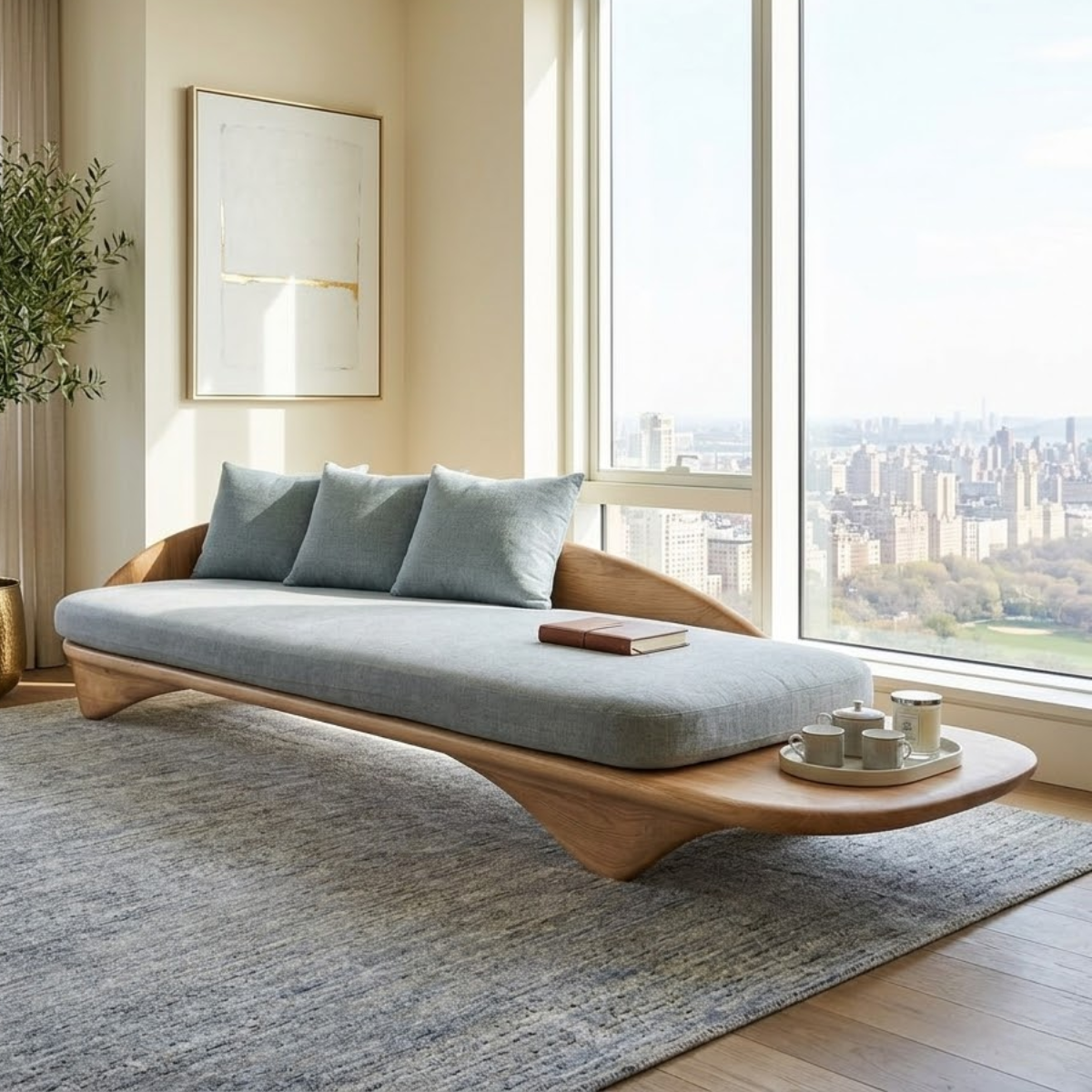Sculptural Curved Upholstered Daybed With Side Tray, Blue Cushions, Lounge Bench