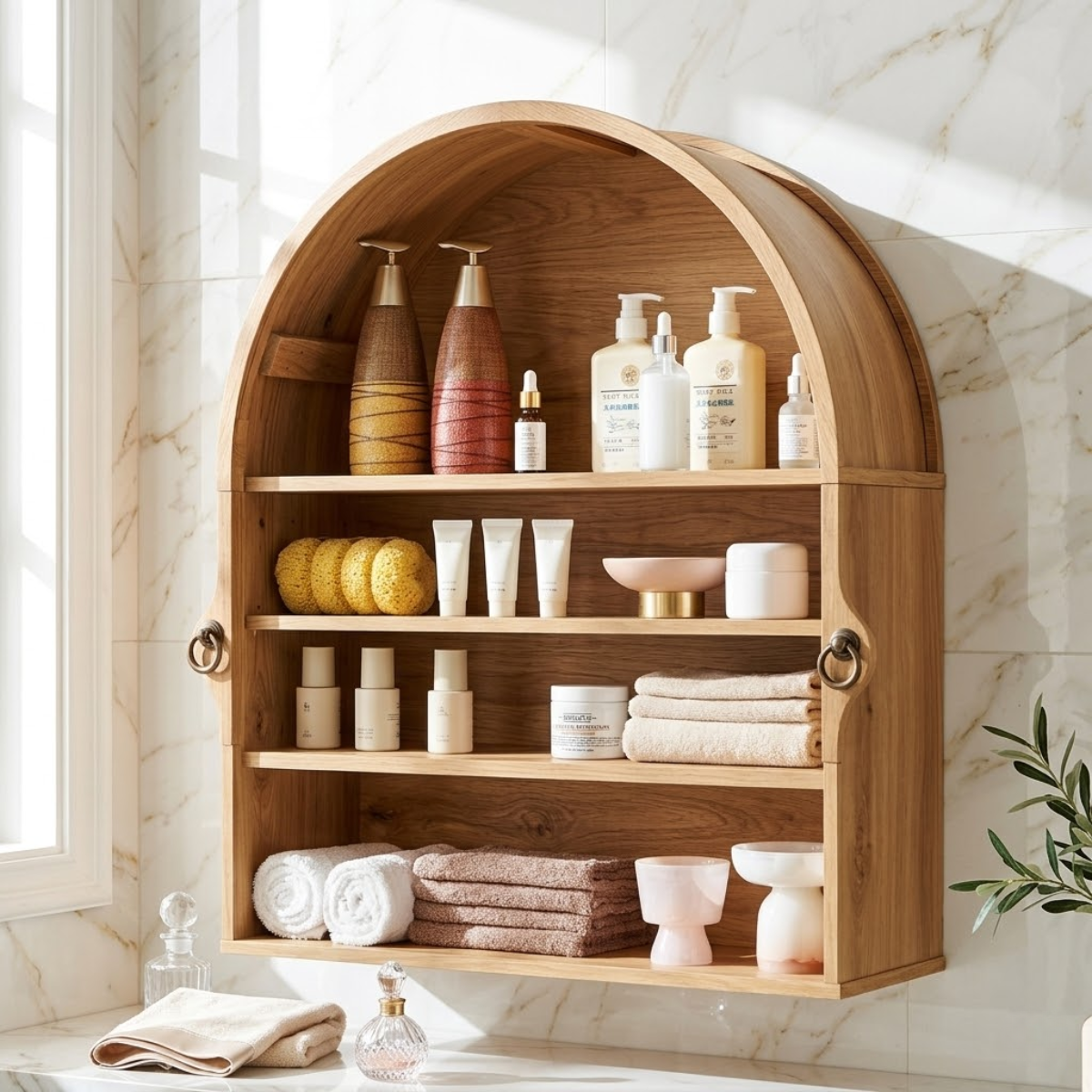 Arched Floating Bathroom Cabinet, Wall Mounted Vanity Shelf Storage Organizer Unit