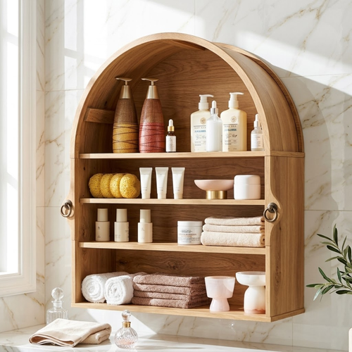 Arched Floating Bathroom Cabinet, Wall Mounted Vanity Shelf Storage Organizer Unit