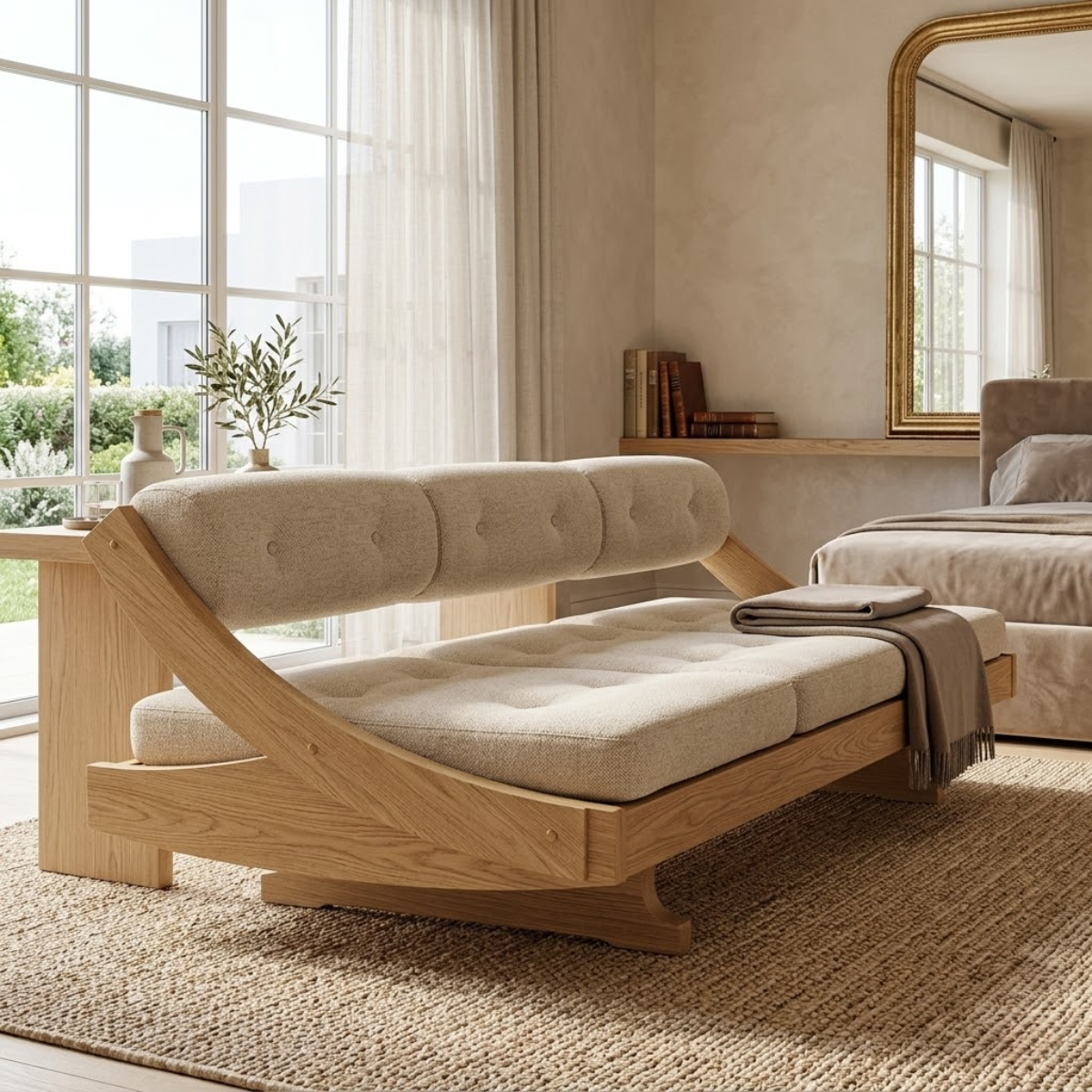 Curved Upholstered Daybed With Tufted Cushion, Rounded Backrest, Bedroom Lounge Bench