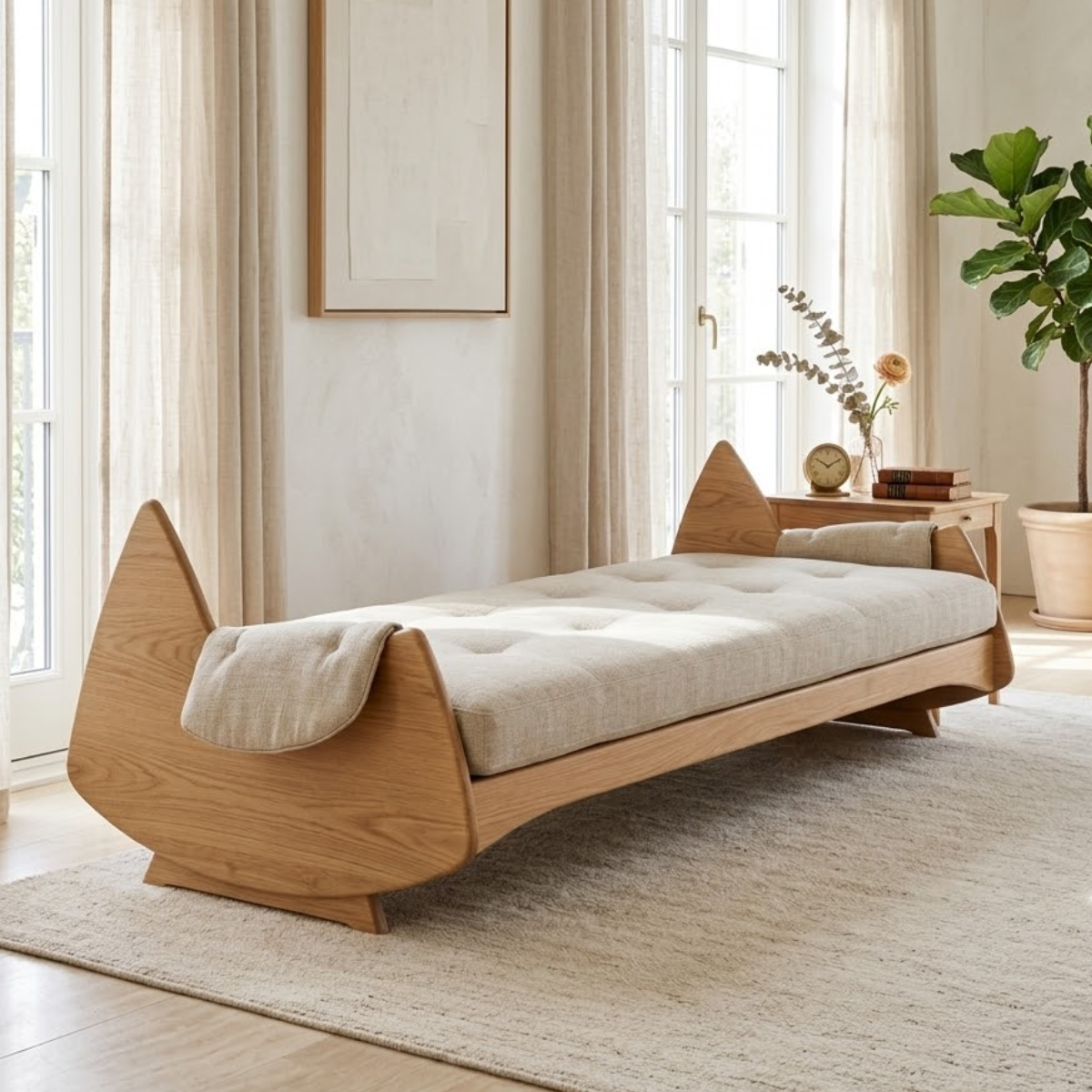 Sculptural Upholstered Daybed With Arched Ends, Cream Cushion, Bedroom Lounge Bench