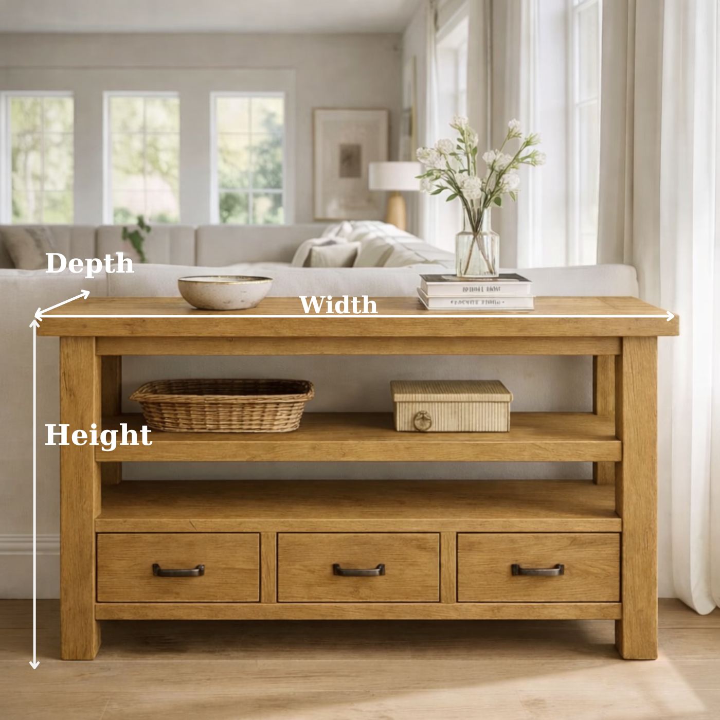 Solid Wood Console Table with Drawers and Open Shelf