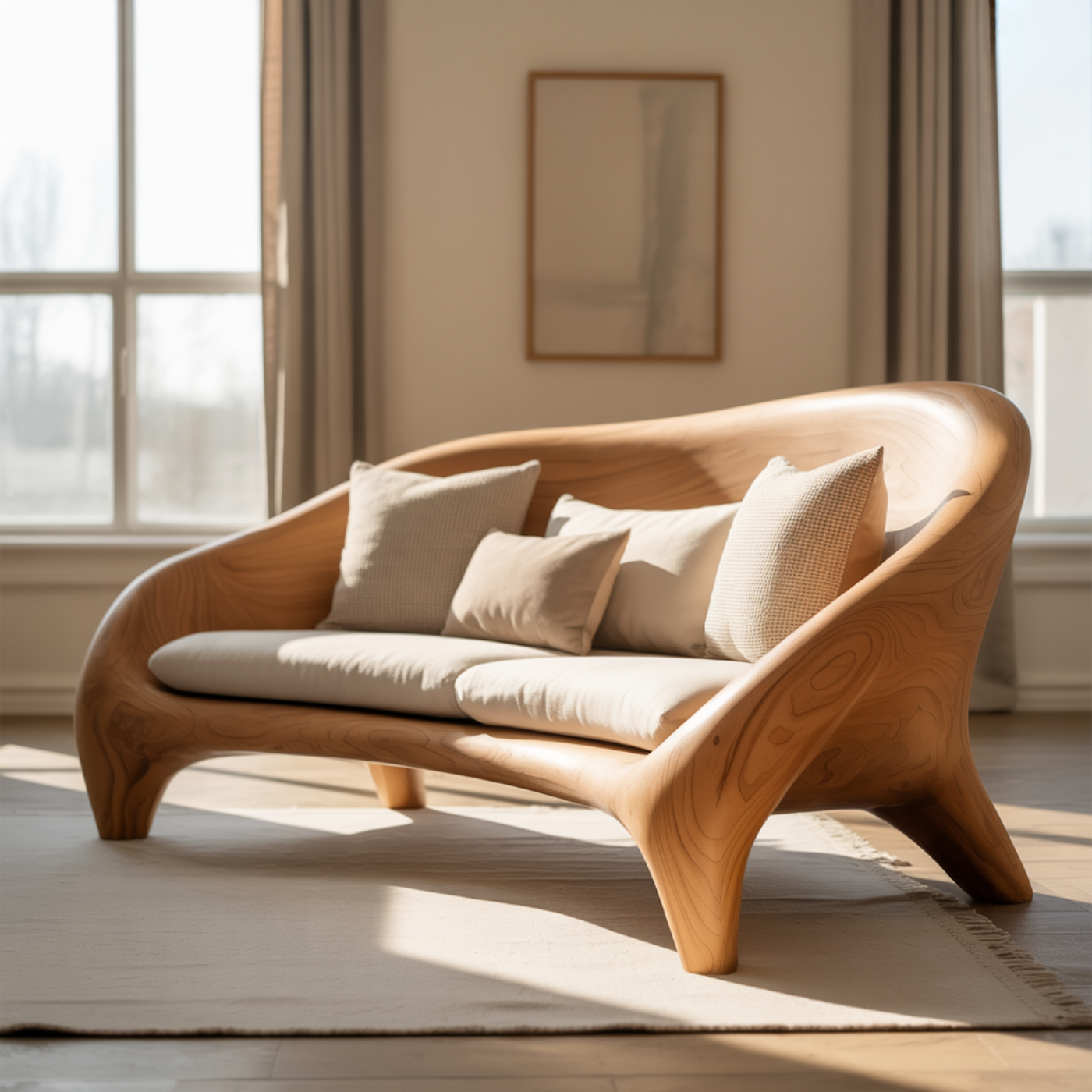 Artistic Solid Wood Sofa with Curved Frame Design