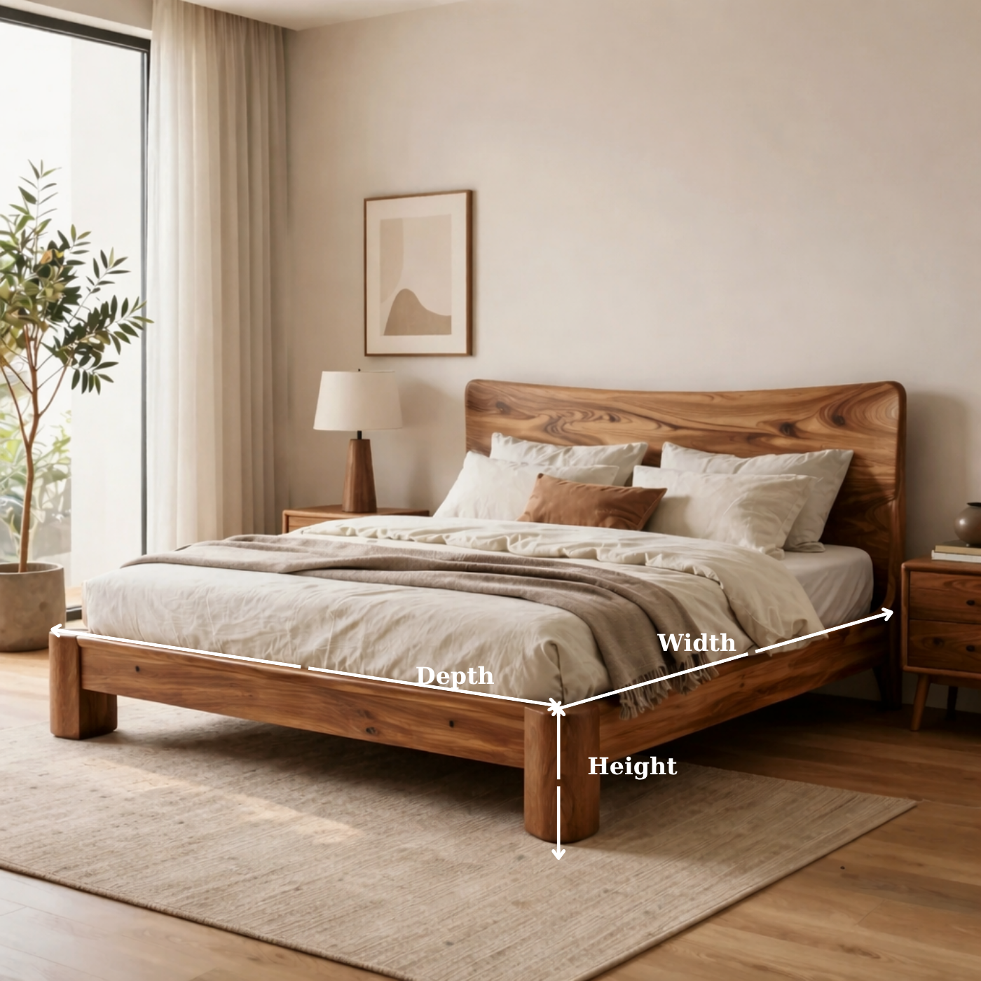 Solid Wood Platform Bed with Curved Headboard – Thick Frame Rustic Modern Bed