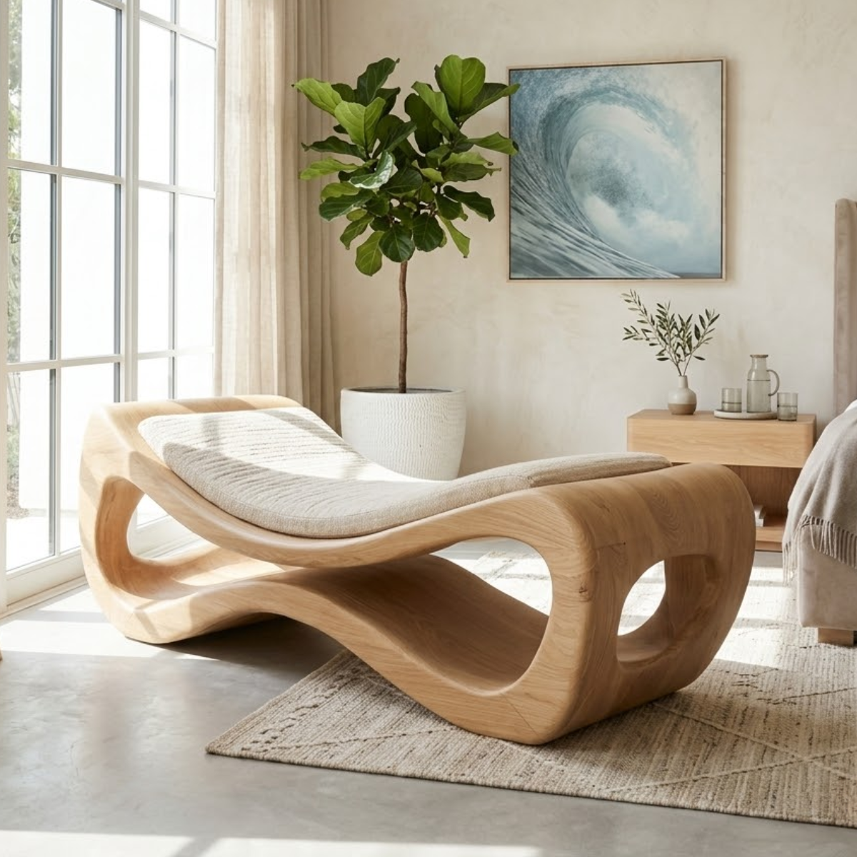 Sculptural Upholstered Daybed Organic Cutout Frame, Cream Cushion Lounger