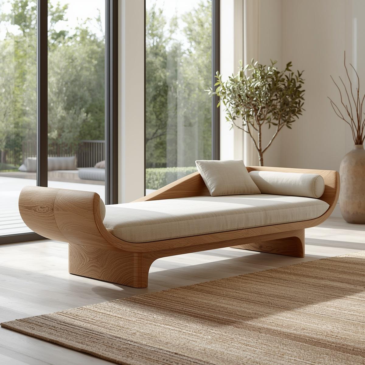 Sculptural Solid Wood Daybed with Curved Ends and Platform Base – Modern Lounge Chaise