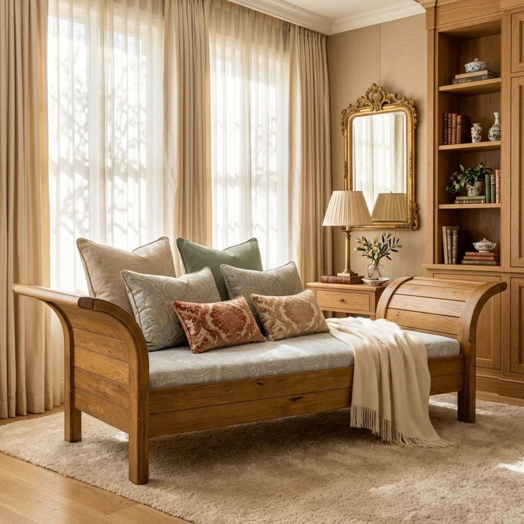 Classic Wooden Daybed Sofa with Pillows for Bedroom Lounge Decor