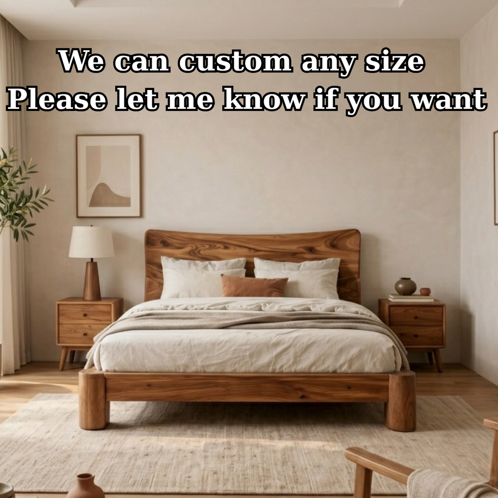 Solid Wood Platform Bed with Curved Headboard – Thick Frame Rustic Modern Bed