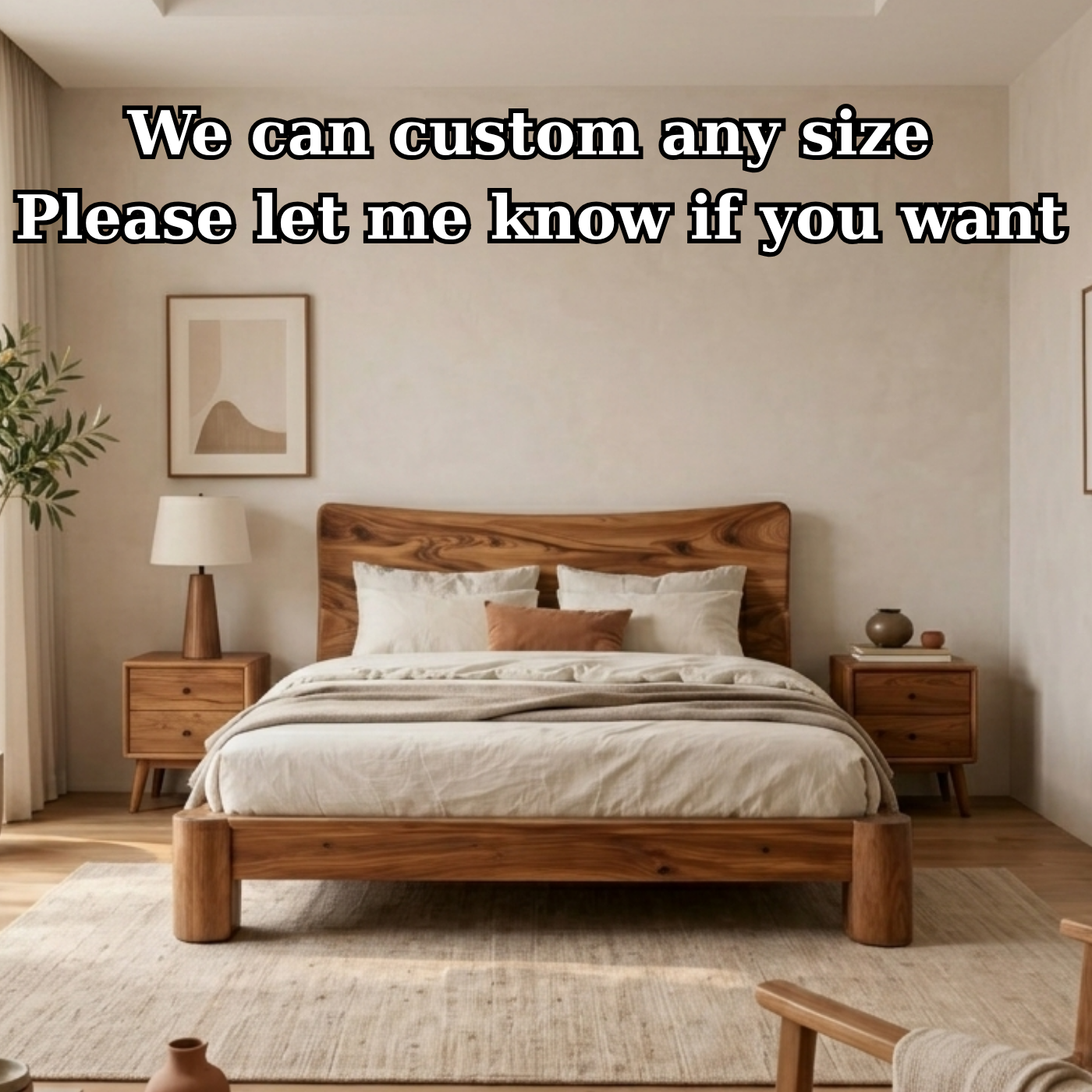 Solid Wood Platform Bed with Curved Headboard – Thick Frame Rustic Modern Bed
