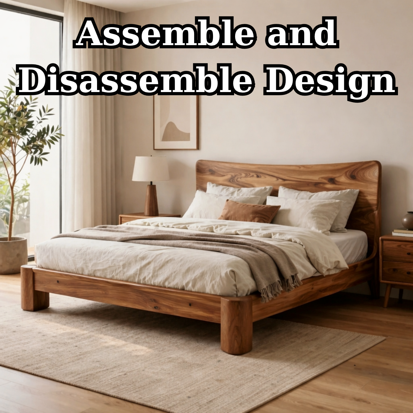 Solid Wood Platform Bed with Curved Headboard – Thick Frame Rustic Modern Bed