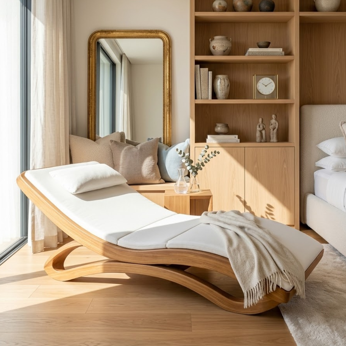 Modern Curved Chaise Lounge Daybed with Cushion for Bedroom Reading Nook