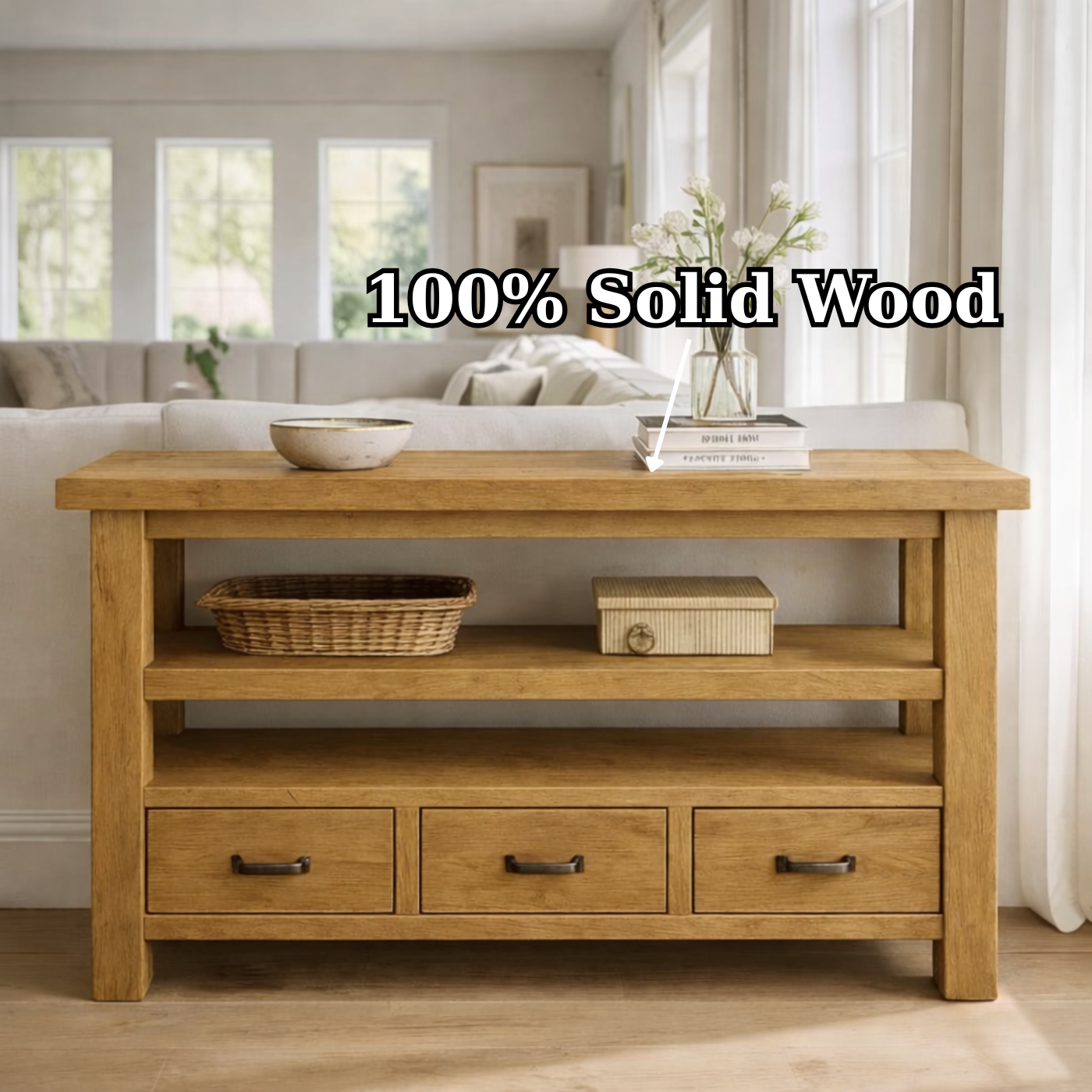 Solid Wood Console Table with Drawers and Open Shelf