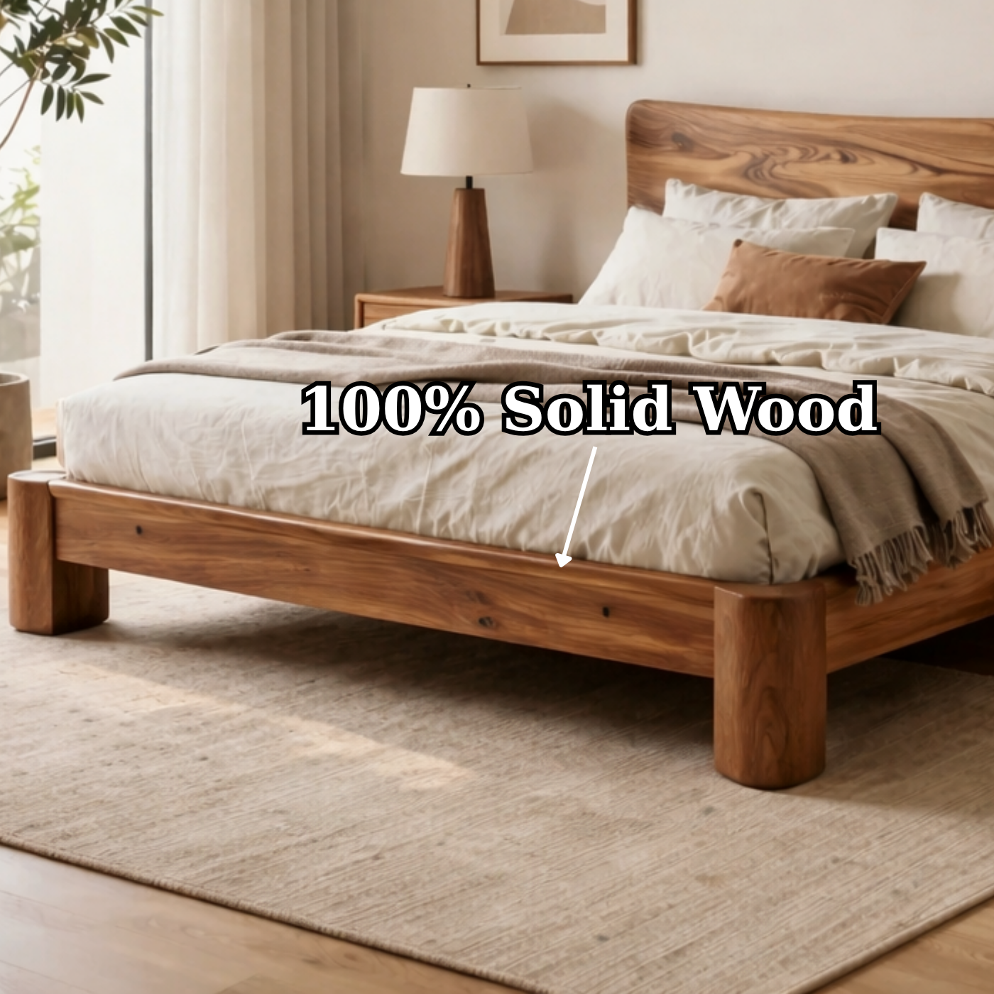 Solid Wood Platform Bed with Curved Headboard – Thick Frame Rustic Modern Bed