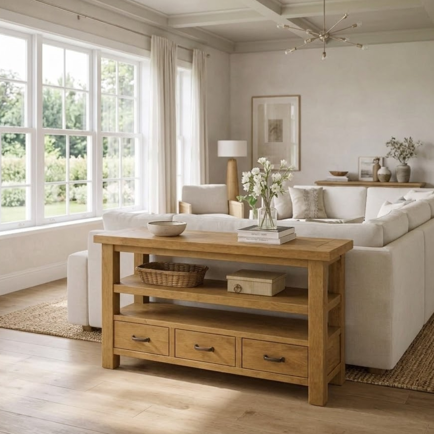 Solid Wood Console Table with Drawers and Open Shelf