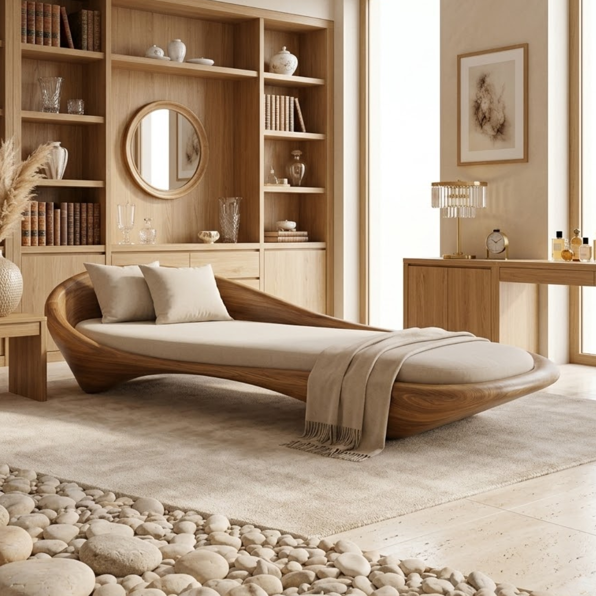 Luxury Curved Chaise Lounge Sculptural Daybed with Cushion for Bedroom Decor