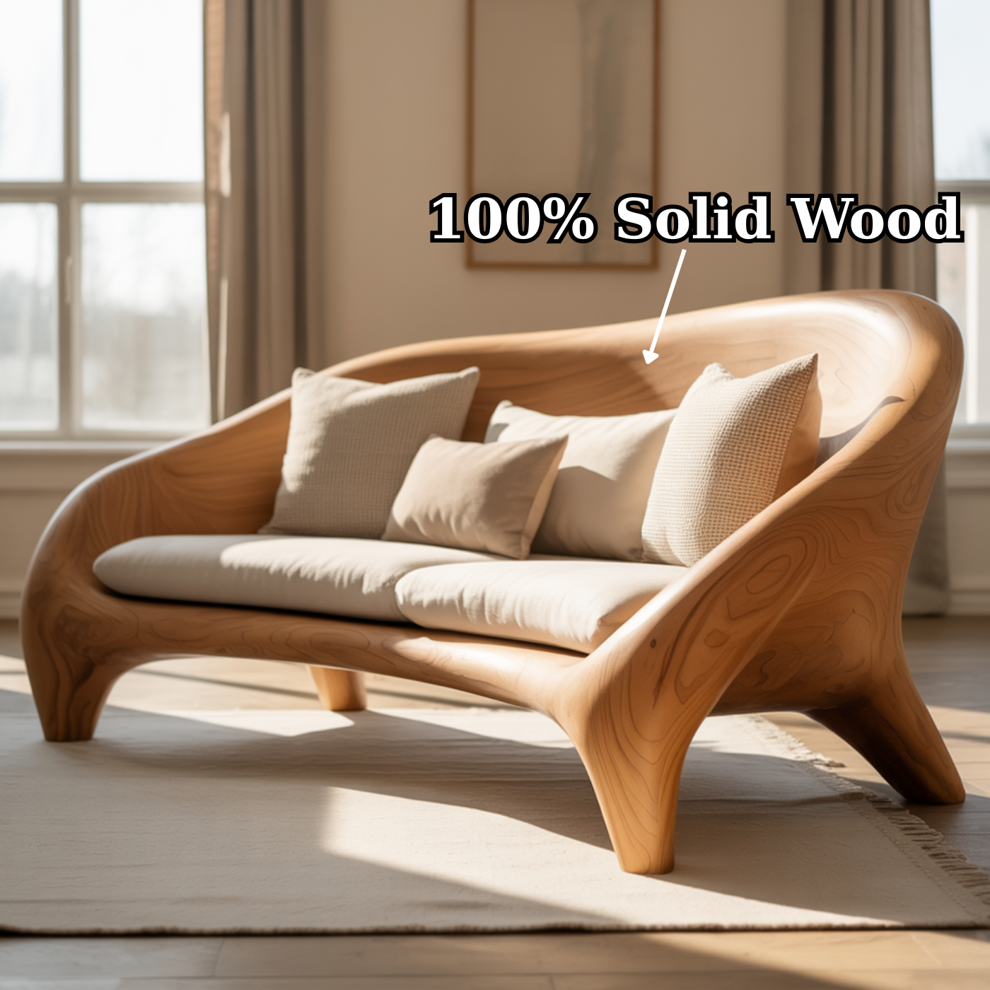 Artistic Solid Wood Sofa with Curved Frame Design