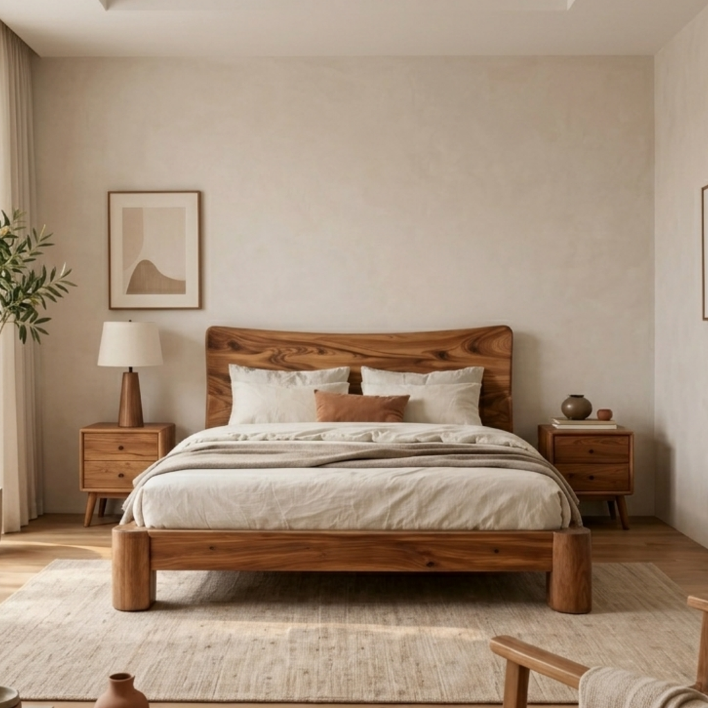 Solid Wood Platform Bed with Curved Headboard – Thick Frame Rustic Modern Bed