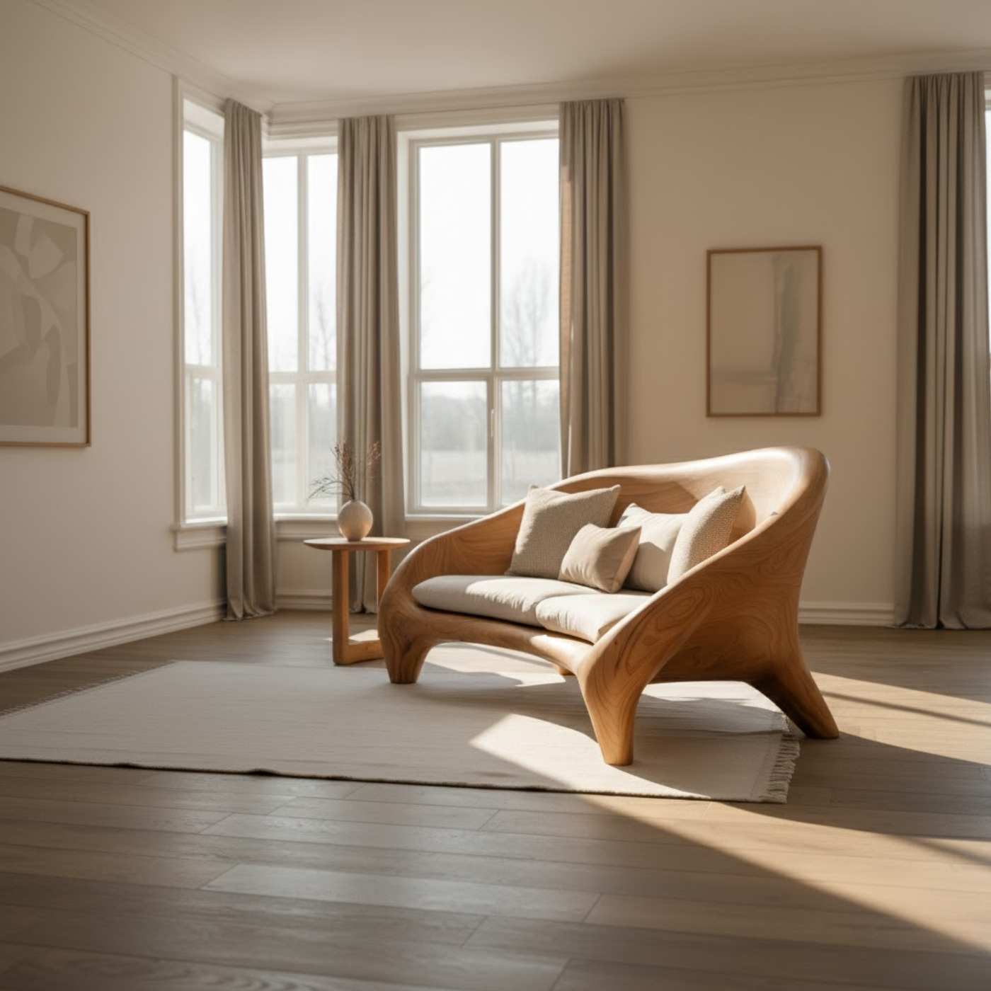 Artistic Solid Wood Sofa with Curved Frame Design