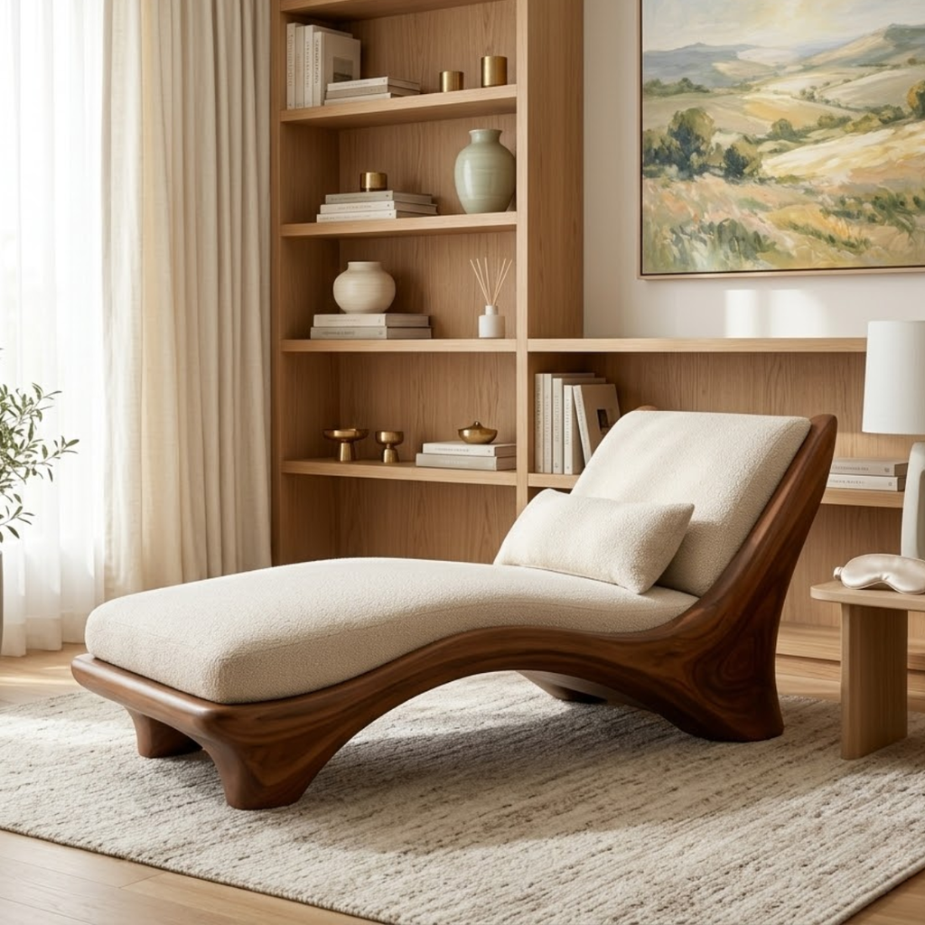 Modern Curved Chaise Lounge Chair with Cushion for Bedroom Reading Nook