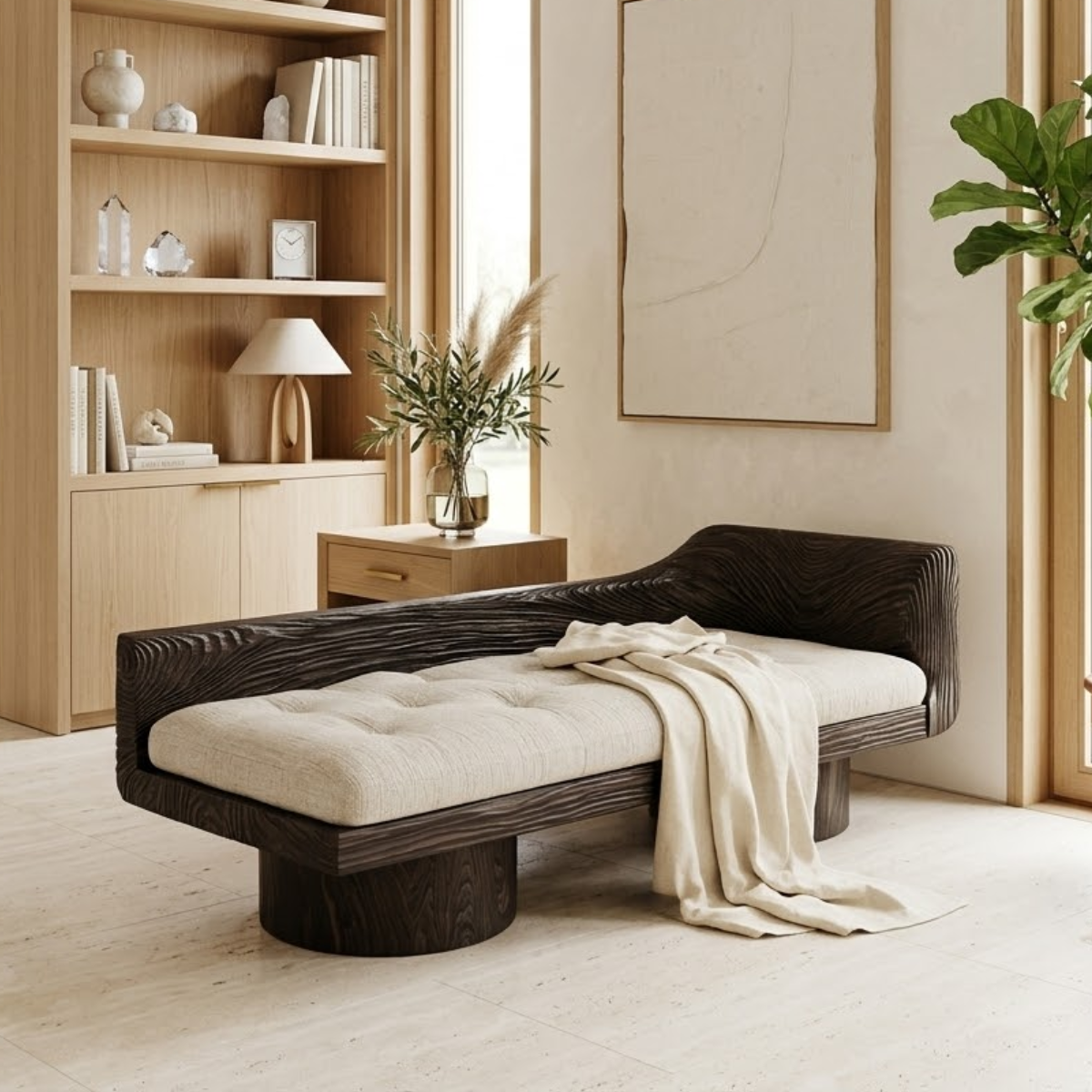 Dark Sculptural Daybed With Tufted Cushion, Curved Backrest, Bedroom Lounge Seat