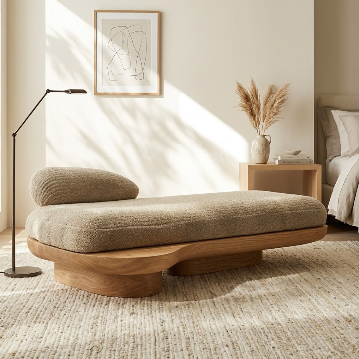 Sculptural Upholstered Daybed With Curved Base, Boucle Cushion, Bedroom Lounge Seat