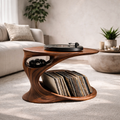 Solid Wood Record Player Stand with Sculptural Curved Base and Vinyl Storage Shelf