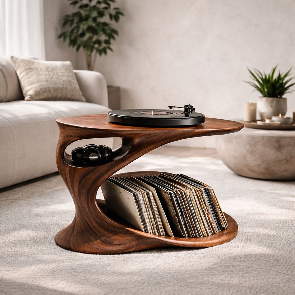 Solid Wood Record Player Stand with Sculptural Curved Base and Vinyl Storage Shelf