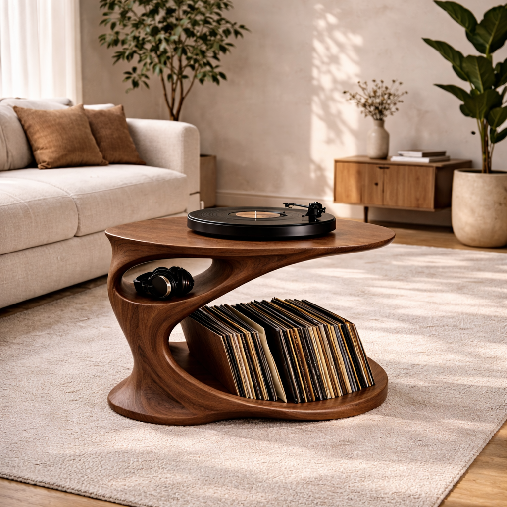Solid Wood Record Player Stand with Sculptural Curved Base and Vinyl Storage Shelf