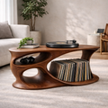 Solid Wood Record Player Stand with Organic Curved Base and Vinyl Record Storage