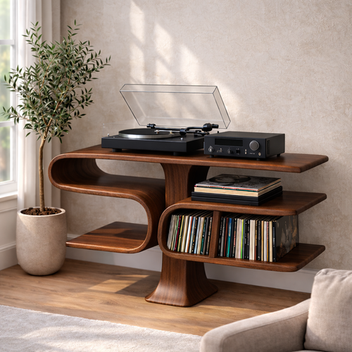 Cantilever Solid Wood Record Player Stand with Floating Vinyl Storage Shelves