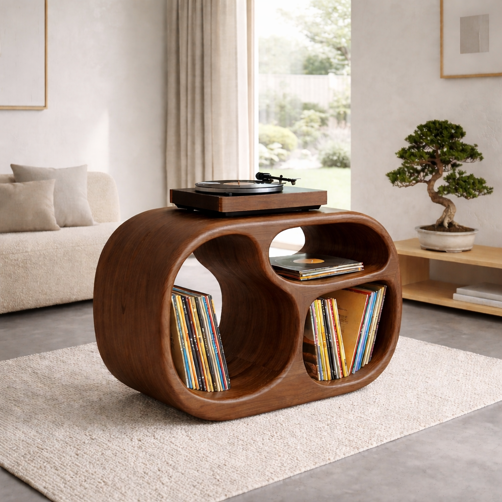 Sculpted Barrel Solid Wood Record Player Stand with Dual Vinyl Storage