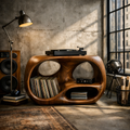 Organic Curve Solid Wood Record Player Stand with Built-In Vinyl Storage