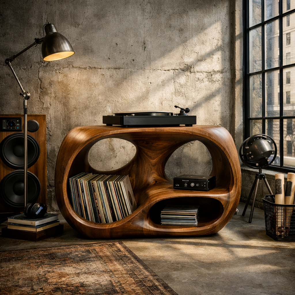 Organic Curve Solid Wood Record Player Stand with Built-In Vinyl Storage