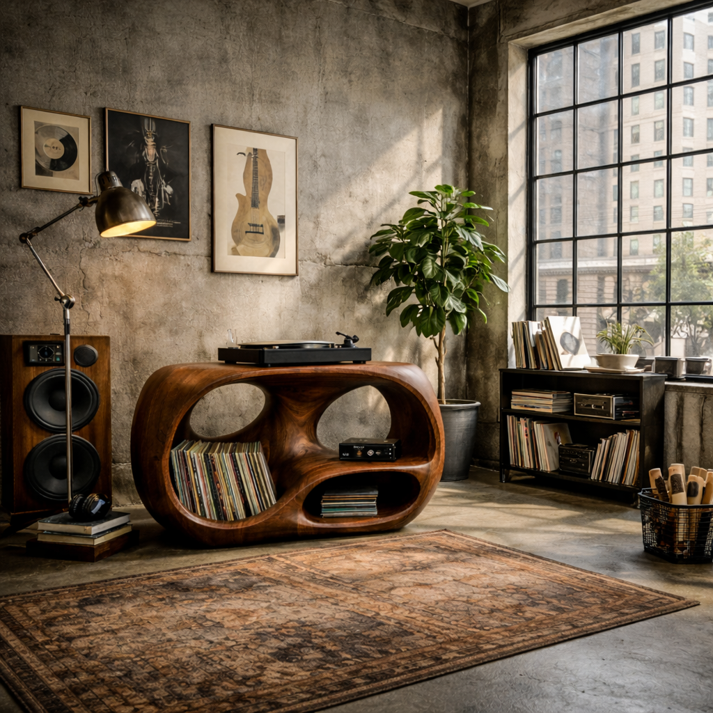 Organic Curve Solid Wood Record Player Stand with Built-In Vinyl Storage