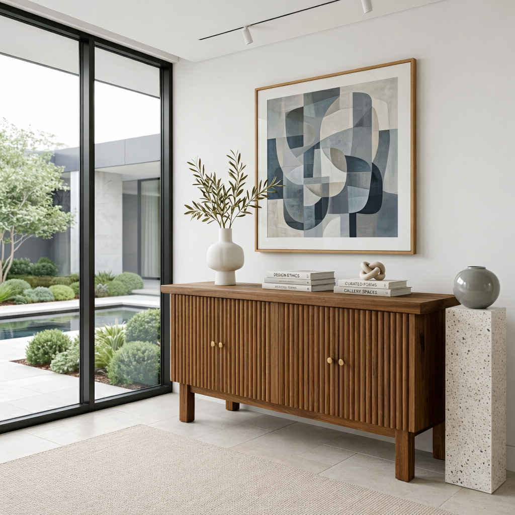 Fluted Solid Wood Console Table with Cabinet – Modern Slatted Entryway Sideboard