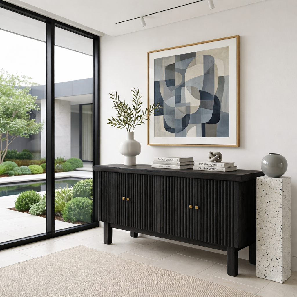 Fluted Solid Wood Console Table with Cabinet – Modern Slatted Entryway Sideboard