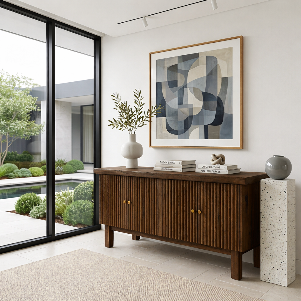 Fluted Solid Wood Console Table with Cabinet – Modern Slatted Entryway Sideboard