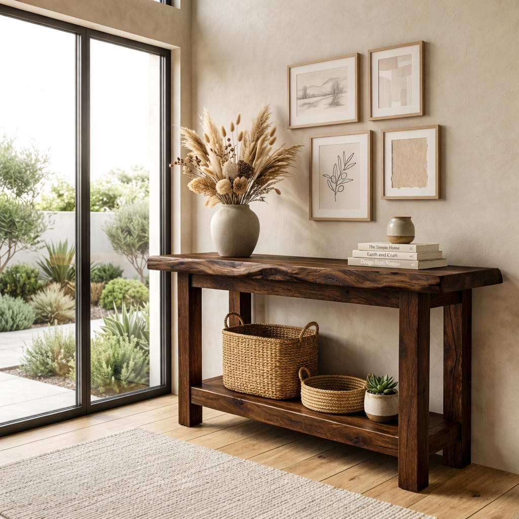 Live Edge Solid Wood Console Table with Shelf – Rustic Natural Entryway Table
