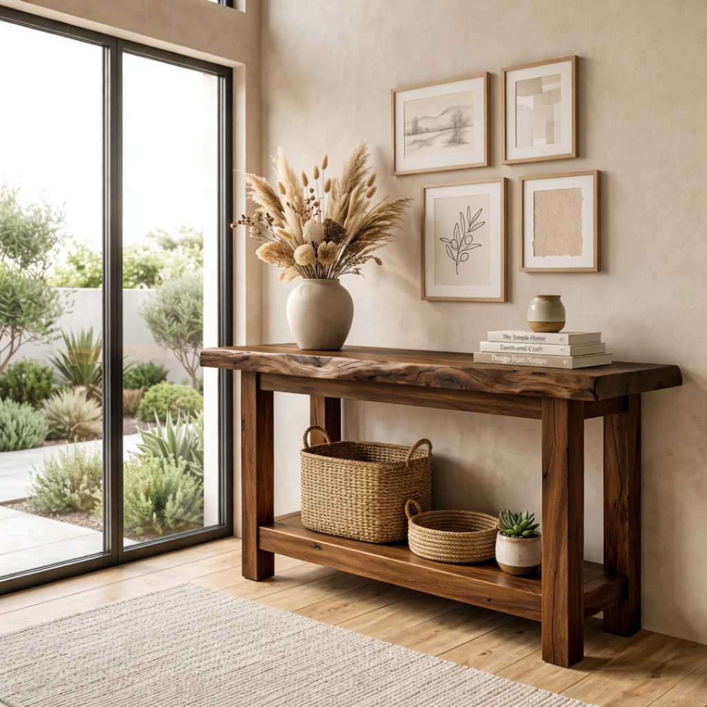 Live Edge Solid Wood Console Table with Shelf – Rustic Natural Entryway Table