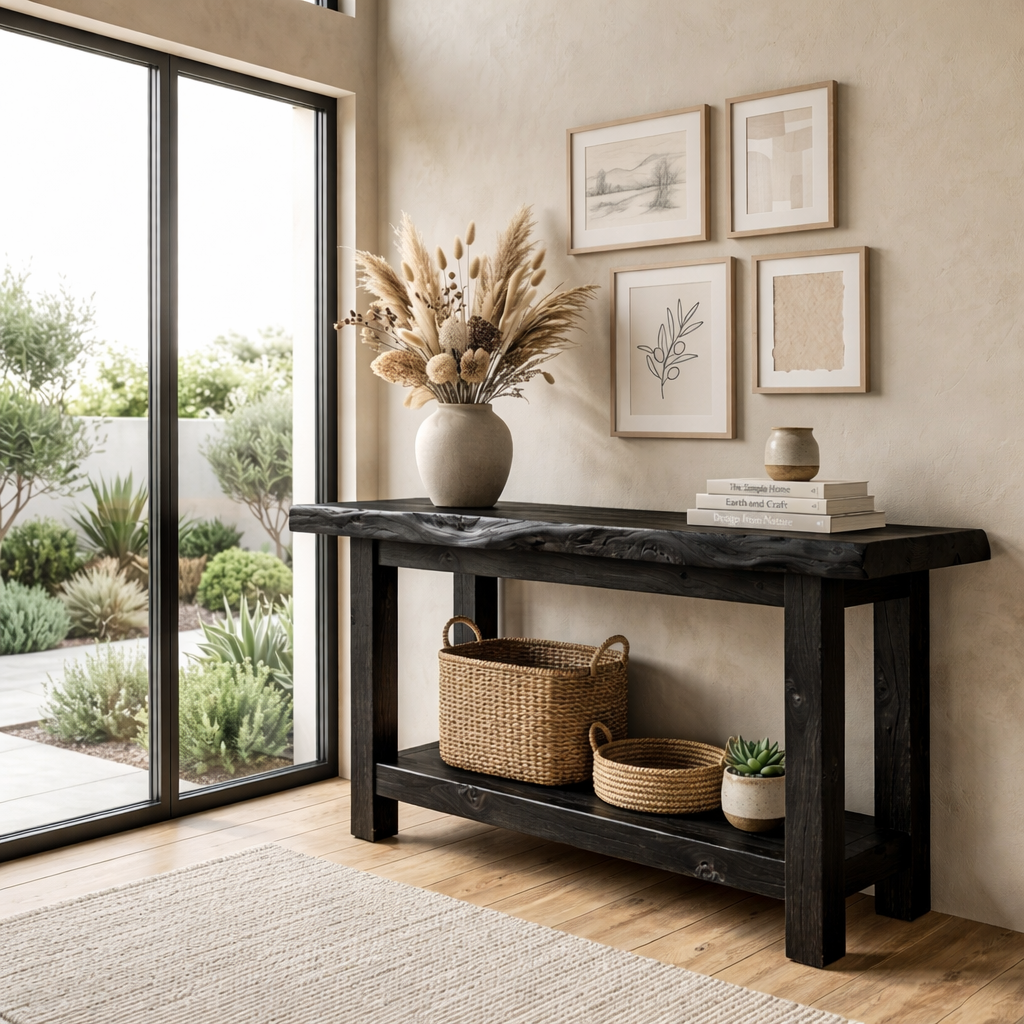 Live Edge Solid Wood Console Table with Shelf – Rustic Natural Entryway Table