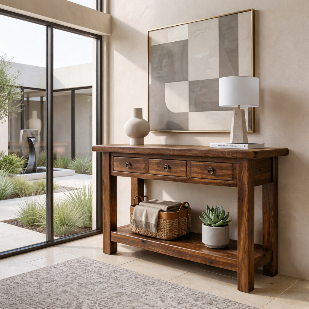 Solid Wood Console Table with Drawers and Shelf – Rustic Farmhouse Entryway Table