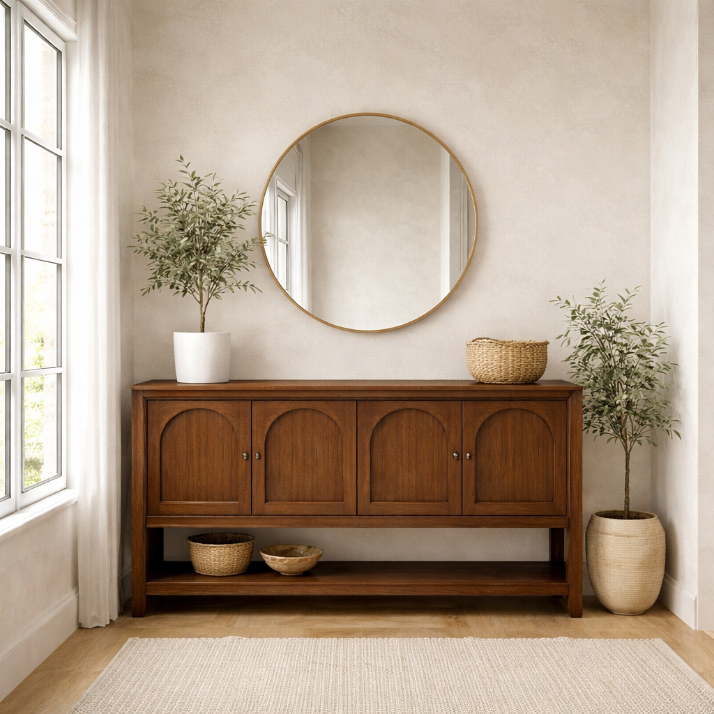 Solid Wood Console Table with Arched Doors – Rustic Storage Sideboard