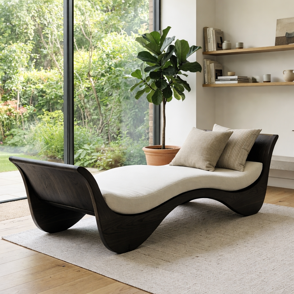 Sculptural Solid Wood Daybed with Curved Frame – Modern Lounge Chaise Daybed