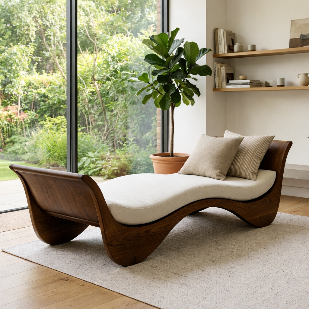 Sculptural Solid Wood Daybed with Curved Frame – Modern Lounge Chaise Daybed