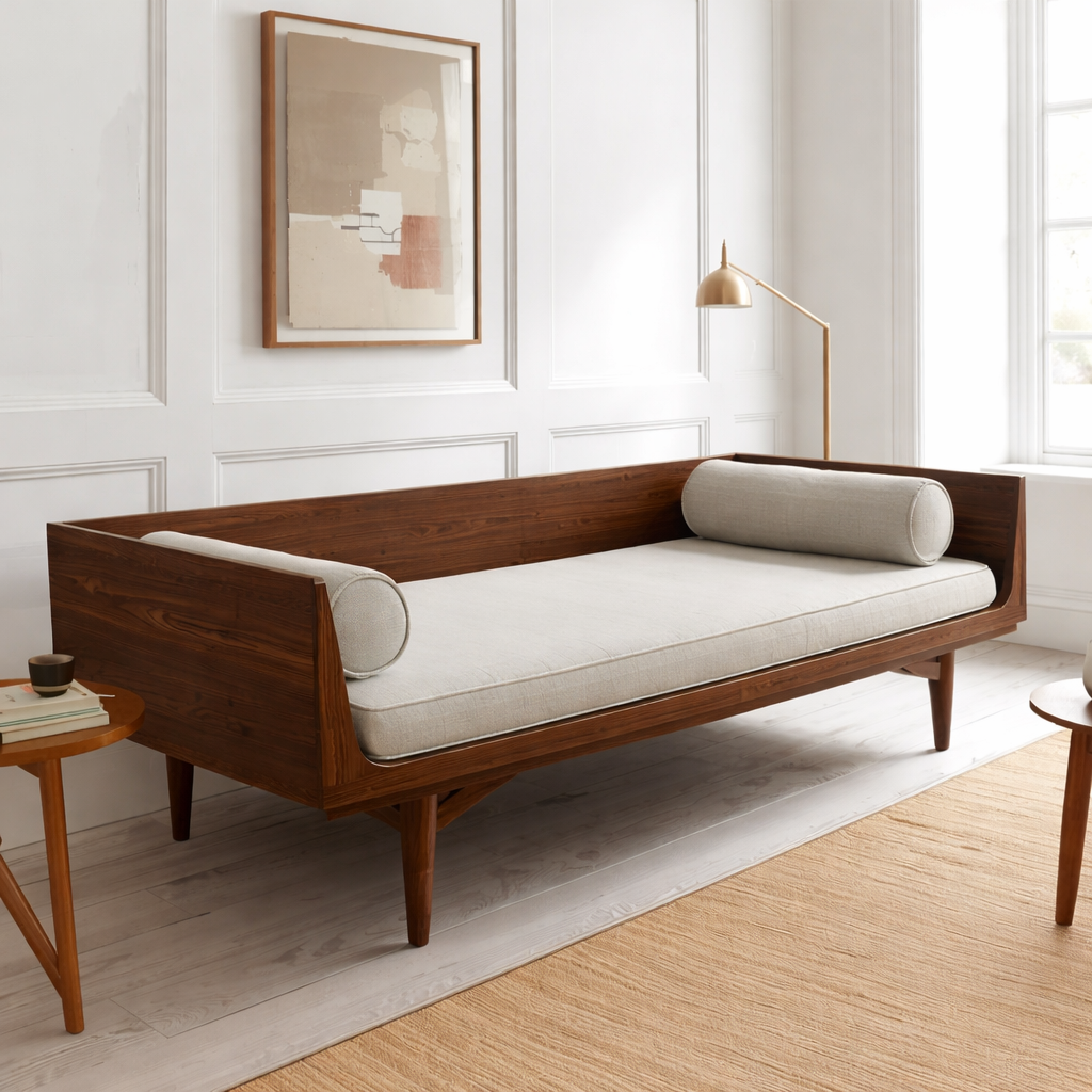 Mid-Century Solid Wood Daybed with Tapered Legs and Side Backrest – Modern Lounge Bench