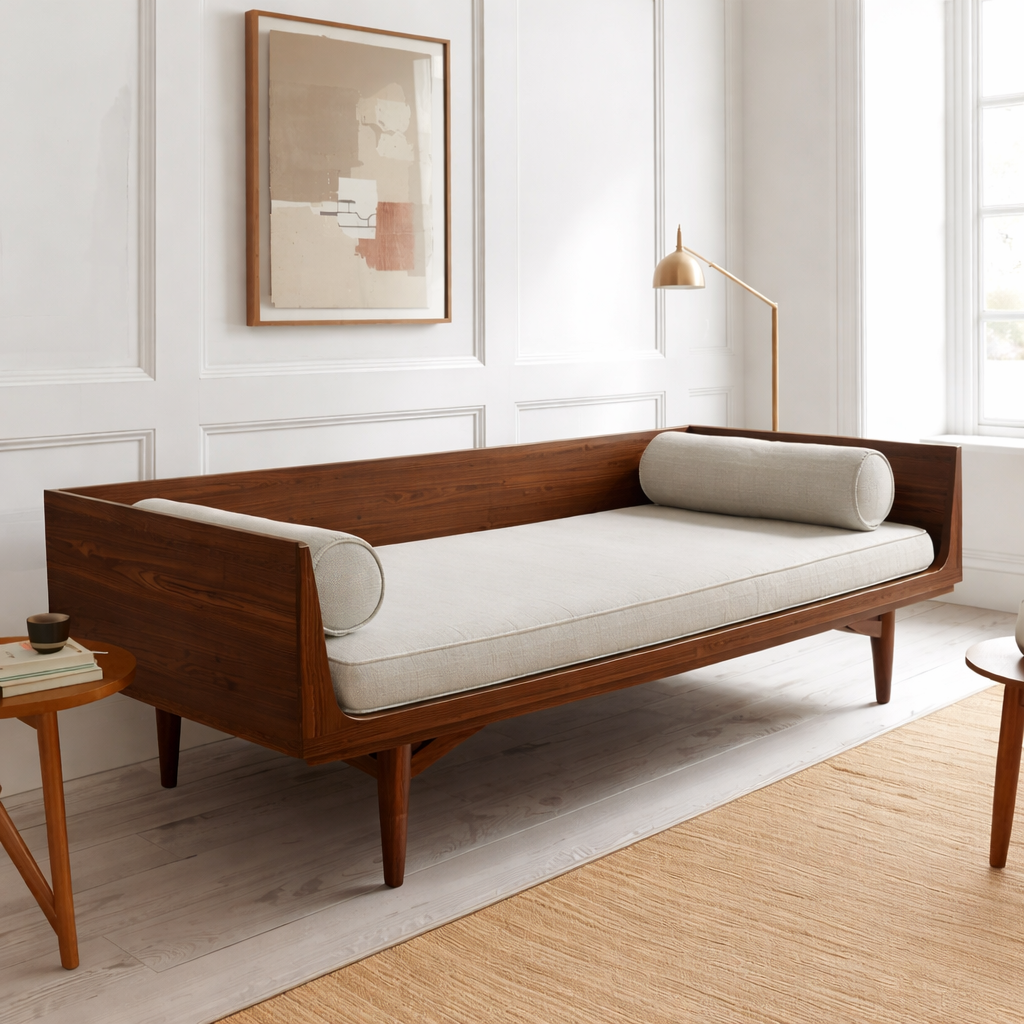 Mid-Century Solid Wood Daybed with Tapered Legs and Side Backrest – Modern Lounge Bench