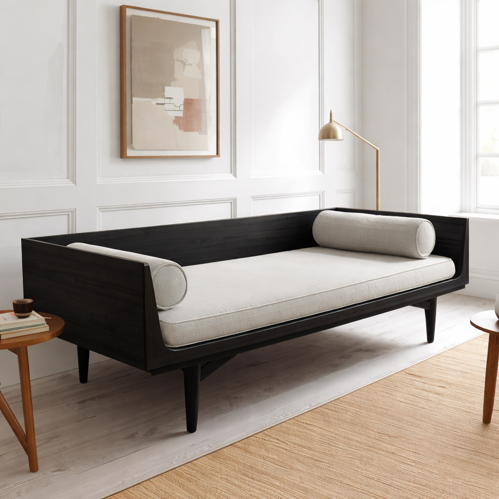 Mid-Century Solid Wood Daybed with Tapered Legs and Side Backrest – Modern Lounge Bench